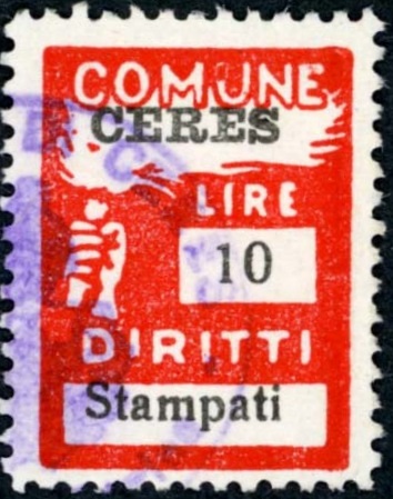 Marca da Bollo del Comune di CERES su Carta Bianca di dimensioni 18,5 x 26 mm