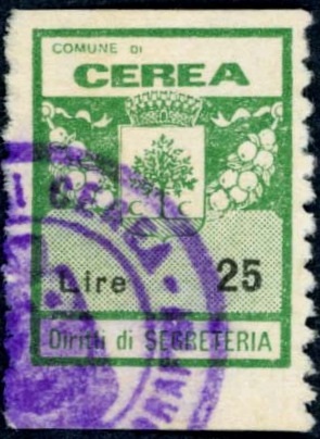 Marca da Bollo del Comune di CEREA su Carta Bianca di dimensioni 16 x 21 mm