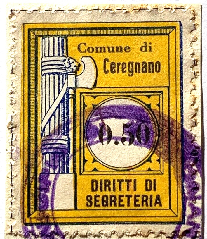 Marca da Bollo del Comune di CEREGNANO su Carta Bianca Sottile di dimensioni 22 x 28 mm