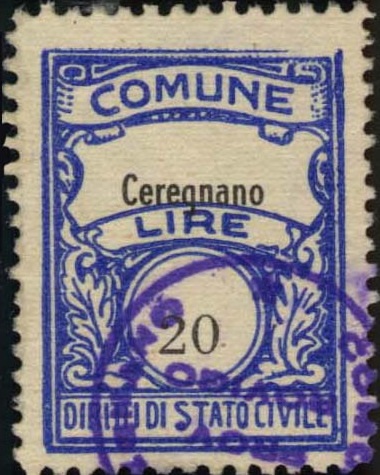 Marca da Bollo del Comune di CEREGNANO su Carta Bianca Sottile di dimensioni 22,5 x 29 mm