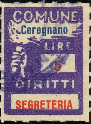 Marca da Bollo del Comune di CEREGNANO su Carta Bianca di dimensioni 23 x 29 mm