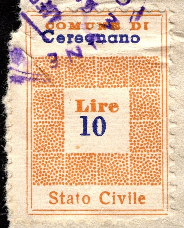 Marca da Bollo del Comune di CEREGNANO su Carta Bianca Sottile di dimensioni 21 x 29 mm