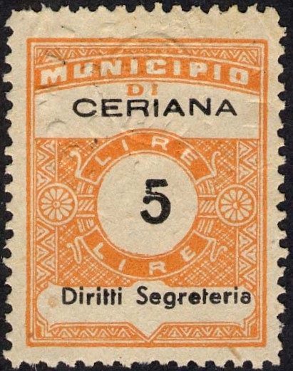 Marca da Bollo del Comune di CERIANA su Carta Bianca Sottile di dimensioni 22,5 x 29,5 mm