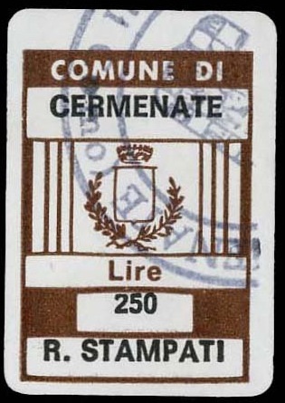 Marca da Bollo del Comune di CERMENATE su Carta Bianca di dimensioni 17,5 x 20,5 mm