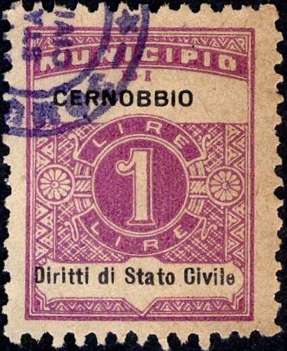 Marca da Bollo del Comune di CERNOBBIO su Carta Bianca di dimensioni 22,5 x 29,5 mm