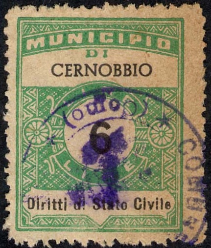 Marca da Bollo del Comune di CERNOBBIO su Carta Bianca di dimensioni 22,5 x 29,5 mm