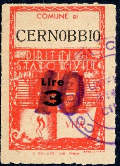 Marca da Bollo del Comune di CERNOBBIO su Carta Bianca di dimensioni 22,5 x 29,5 mm