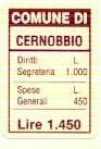 Marca da Bollo del Comune di CERNOBBIO su Carta Bianca di dimensioni 18 x 27 mm