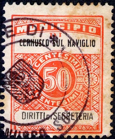 Marca da Bollo del Comune di CERNUSCO SUL NAVIGLIO su Carta Bianca Sottile di dimensioni 22 x 29 mm