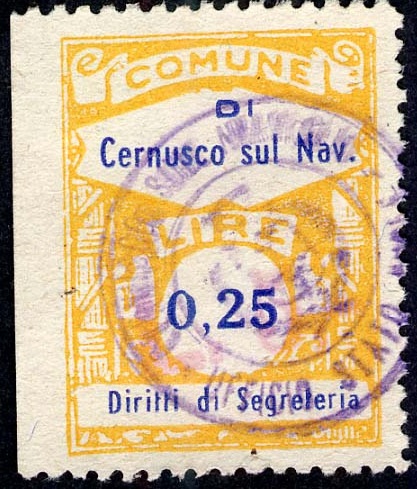 Marca da Bollo del Comune di CERNUSCO SUL NAVIGLIO su Carta Bianca Sottile di dimensioni 22 x 29 mm