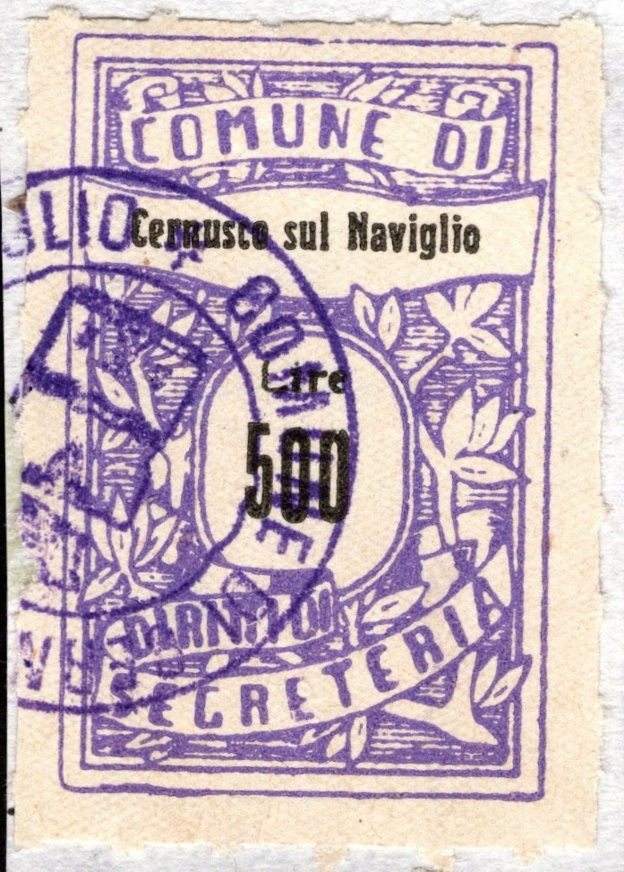 Marca da Bollo del Comune di CERNUSCO SUL NAVIGLIO su Carta Bianca Sottile di dimensioni 21 x 38 mm