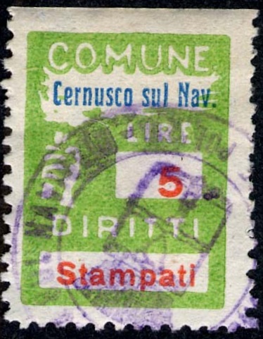 Marca da Bollo del Comune di CERNUSCO SUL NAVIGLIO su Carta Bianca Sottile di dimensioni 18,5 x 26 mm