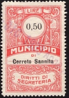 Marca da Bollo del Comune di CERRETO SANNITA su Carta Bianca Sottile di dimensioni 26 x 43,5 mm