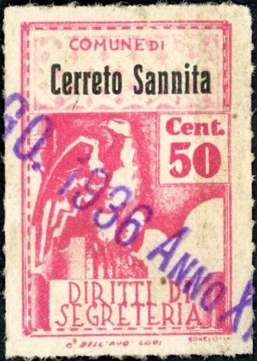 Marca da Bollo del Comune di CERRETO SANNITA su Carta Bianca di dimensioni 21 X 32 mm