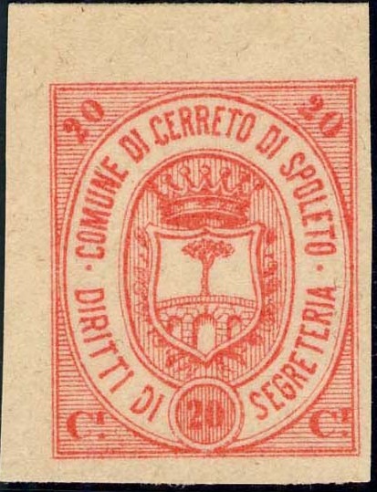 Marca da Bollo del Comune di CERRETO DI SPOLETO su Carta Bianca di dimensioni 24 x 28,5 mm