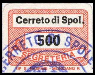 Marca da Bollo del Comune di CERRETO DI SPOLETO su Carta Bianca di dimensioni 19 x 14 mm