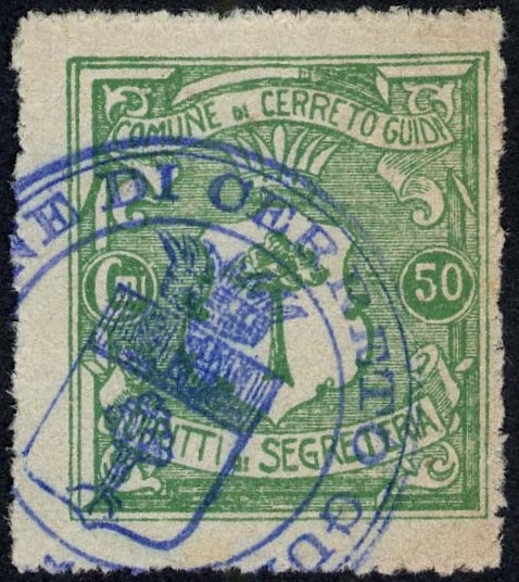 Marca da Bollo del Comune di CERRETO GUIDI su Carta Bianca Sottile di dimensioni 26 x 29,5 mm
