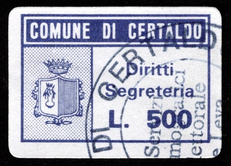 Marca da Bollo del Comune di CERTALDO su Carta Bianca di dimensioni 26,6 x 17,5 mm