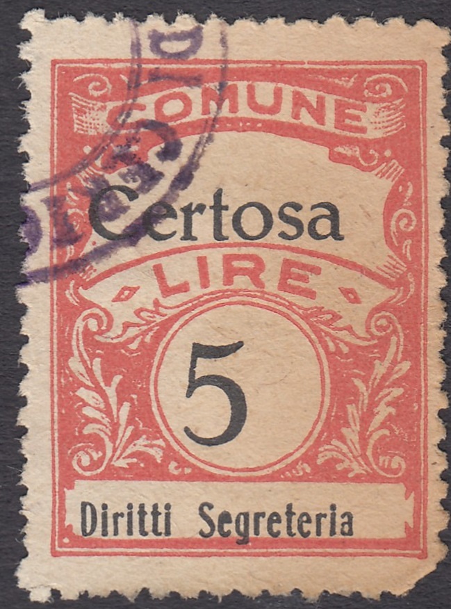 Marca da Bollo del Comune di CERTOSA DI PAVIA su Carta Bianca Sottile di dimensioni 22 x 29 mm