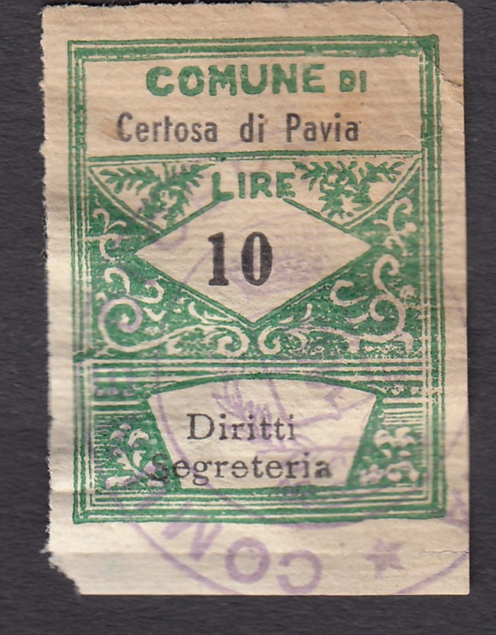 Marca da Bollo del Comune di CERTOSA DI PAVIA su Carta Bianca Sottile di dimensioni 22 x 28 mm