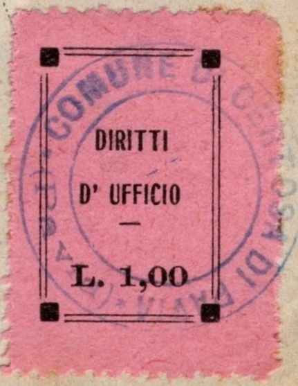 Marca da Bollo del Comune di CERTOSA DI PAVIA su Carta Colorata di dimensioni 22 x 28 mm