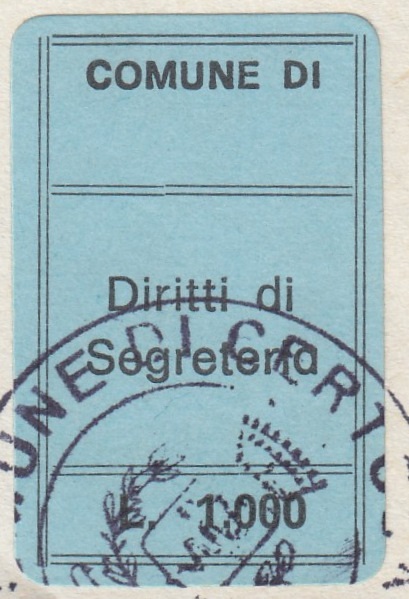 Marca da Bollo del Comune di CERTOSA DI PAVIA su Carta Blu di dimensioni 19 x 32 mm