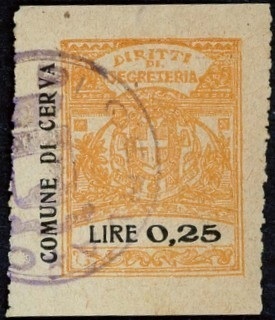 Marca da Bollo del Comune di CERVA su Carta Bianca Sottile di dimensioni 26 x 29 mm