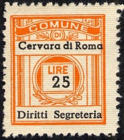 Marca da Bollo del Comune di CERVARA DI ROMA su Carta Bianca di dimensioni 21 x 24 mm
