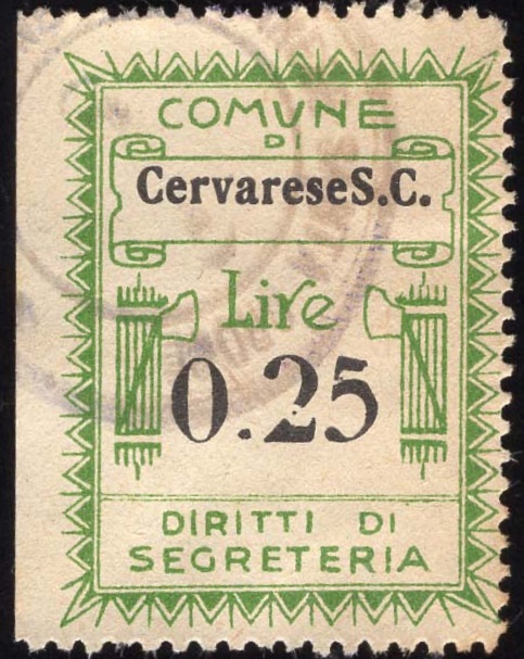 Marca da Bollo del Comune di CERVARESE SANTA CROCE su Carta Bianca di dimensioni 21 X 32 mm