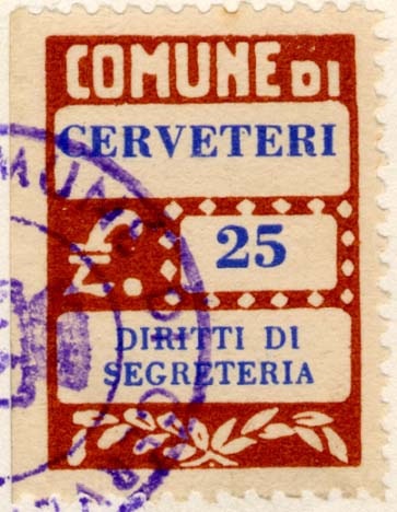 Marca da Bollo del Comune di CERVETERI su Carta Bianca di dimensioni 20 x 28 mm