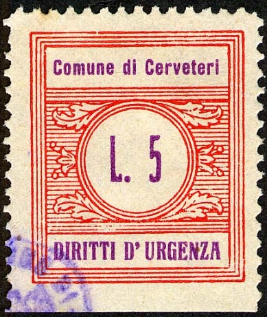 Marca da Bollo del Comune di CERVETERI su Carta Bianca di dimensioni 22 x 25,5 mm