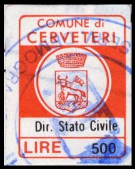 Marca da Bollo del Comune di CERVETERI su Carta Bianca di dimensioni 14,5 x 19,5 mm