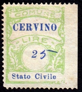 Marca da Bollo del Comune di CERVINO su Carta Bianca di dimensioni 22 x 29 mm