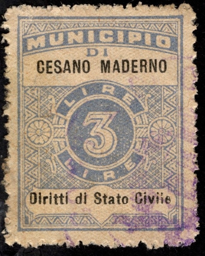 Marca da Bollo del Comune di CESANO MADERNO su Carta Bianca Sottile di dimensioni 23 x 29 mm