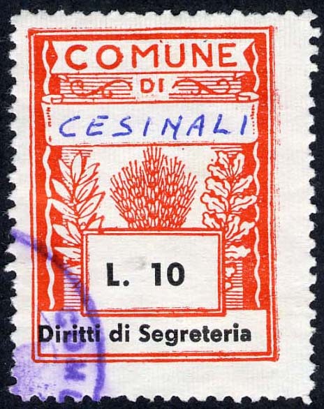 Marca da Bollo del Comune di CESINALI su Carta Bianca di dimensioni 25 x 33,5 mm
