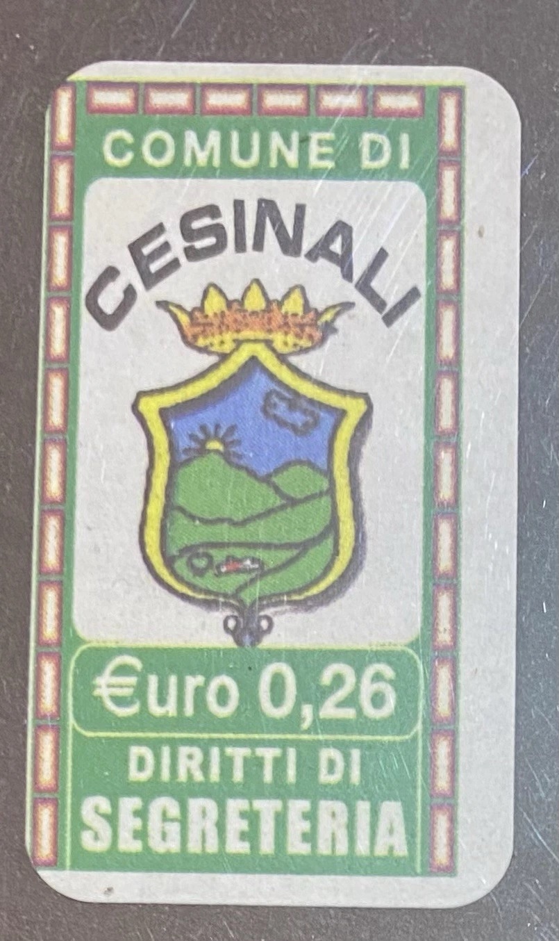 Marca da Bollo del Comune di CESINALI su Carta Bianca di dimensioni 18 x 32 mm
