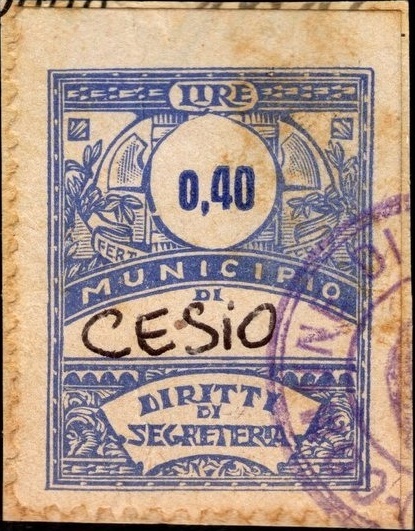 Marca da Bollo del Comune di CESIO su Carta Bianca di dimensioni 22 x 29 mm
