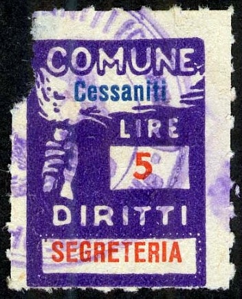 Marca da Bollo del Comune di CESSANITI su Carta Bianca di dimensioni 18,5 x 26 mm