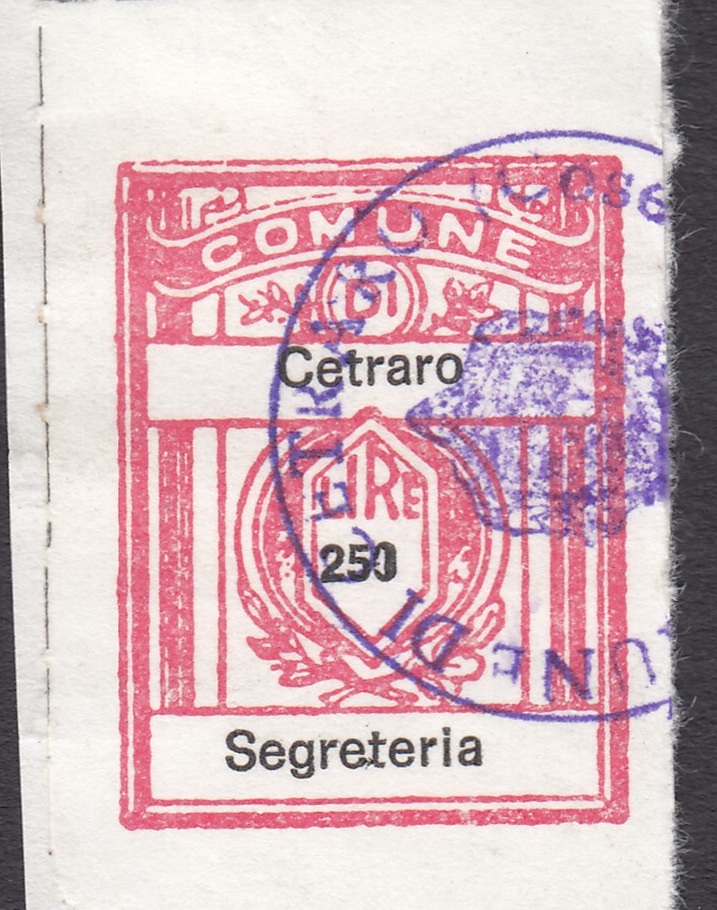 Marca da Bollo del Comune di CETRARO su Carta Bianca di dimensioni 21 x 28 mm