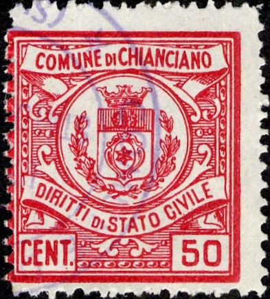 Marca da Bollo del Comune di CHIANCIANO TERME su Carta Bianca di dimensioni 21 x 24 mm