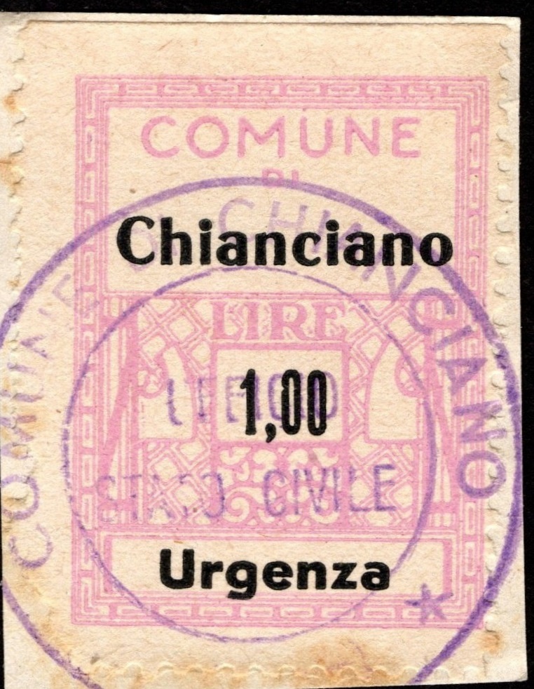 Marca da Bollo del Comune di CHIANCIANO TERME su Carta Bianca di dimensioni 21 X 27 mm