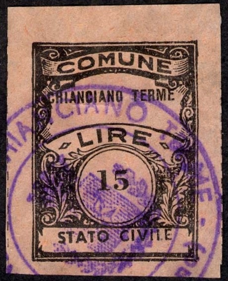 Marca da Bollo del Comune di CHIANCIANO TERME su Carta Colorata di dimensioni 22 x 29,5 mm