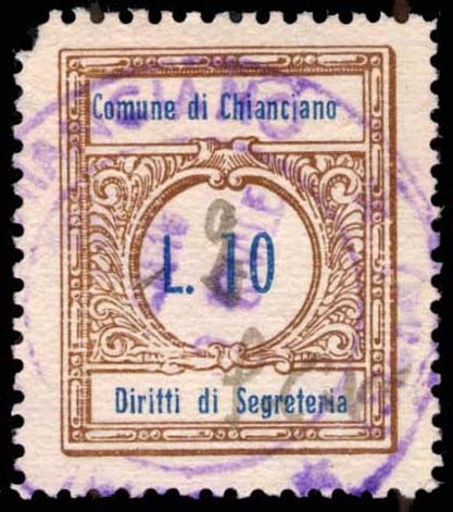 Marca da Bollo del Comune di CHIANCIANO TERME su Carta Bianca Sottile di dimensioni 21,5 x 25,5 mm