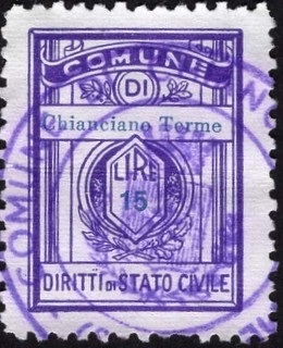 Marca da Bollo del Comune di CHIANCIANO TERME su Carta Bianca di dimensioni 21,5 x 28,5 mm