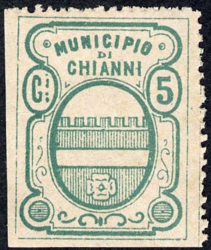 Marca da Bollo del Comune di CHIANNI su Carta Bianca di dimensioni 23 x 30,5 mm