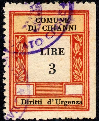 Marca da Bollo del Comune di CHIANNI su Carta Bianca di dimensioni 23 X 30 mm