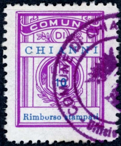 Marca da Bollo del Comune di CHIANNI su Carta Bianca Sottile di dimensioni 21 X 27,5 mm