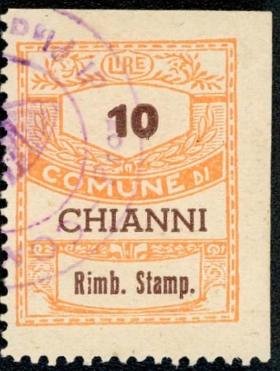 Marca da Bollo del Comune di CHIANNI su Carta Bianca di dimensioni 22,5 x 29 mm