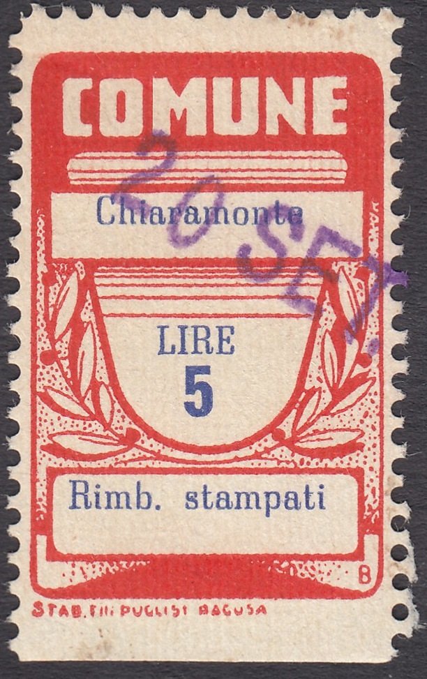 Marca da Bollo del Comune di CHIARAMONTE GUFI su Carta Bianca di dimensioni 21 X 32 mm
