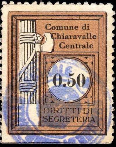 Marca da Bollo del Comune di CHIARAVALLE CENTRALE su Carta Bianca di dimensioni 24 X 30 mm
